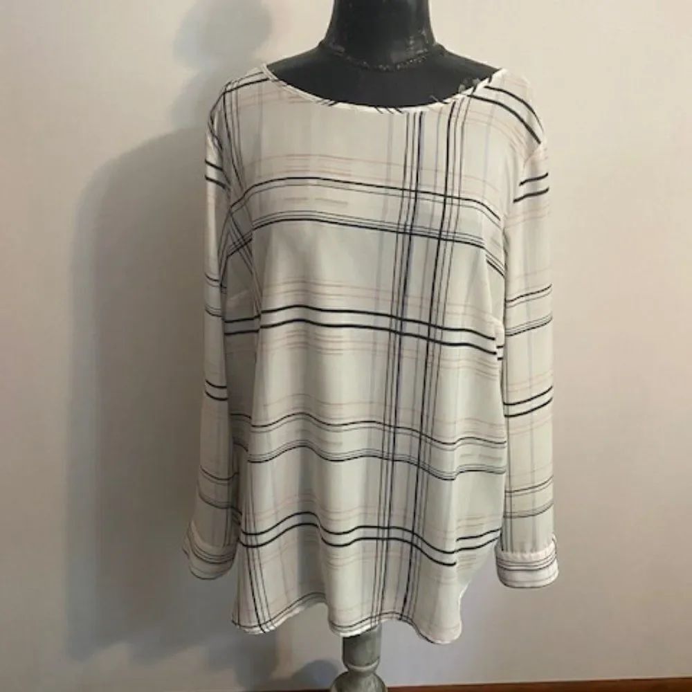 Ann Taylor Factory Blue/Peach/Gray lightweight roll tab sleeves blouse, size L